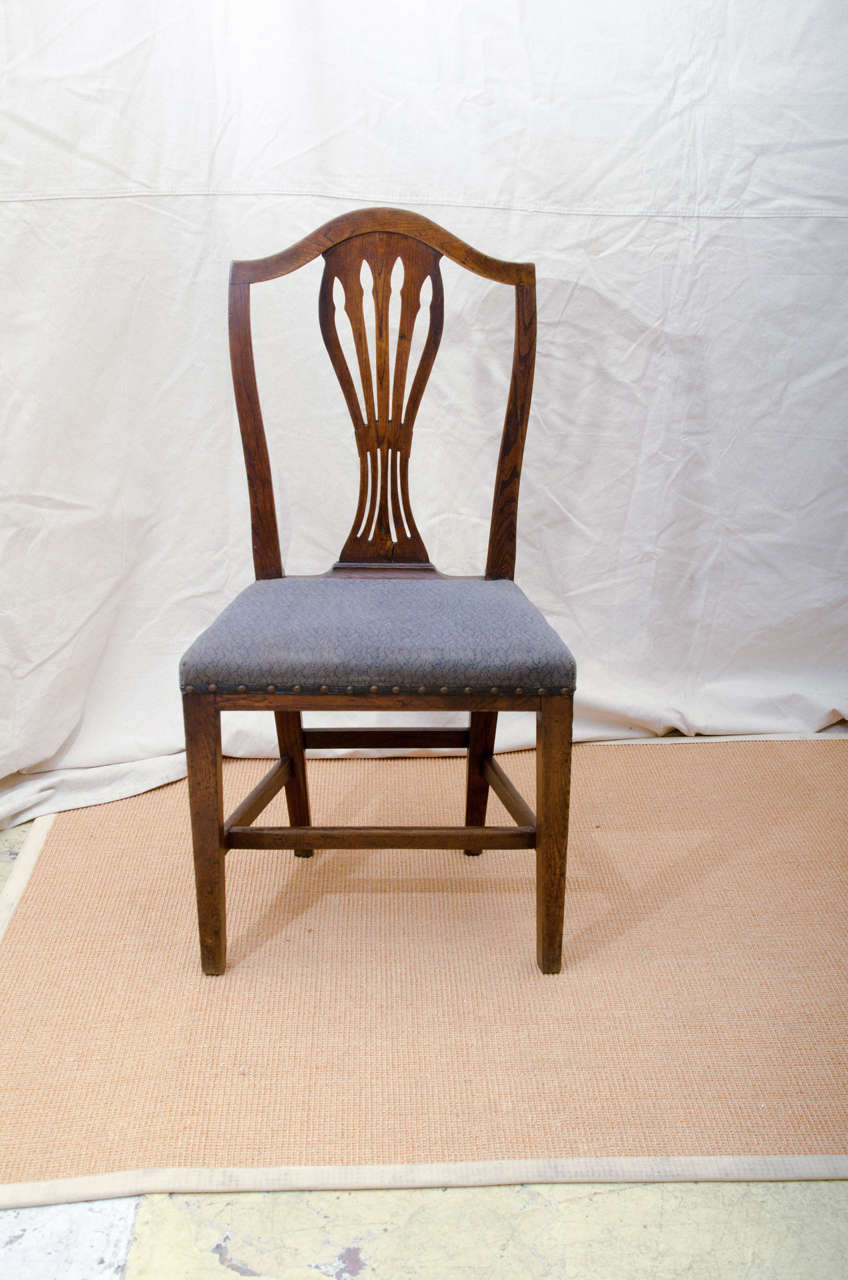 Oak 18th century English arrow cut-out --shield back -- Hepplewhite style side chair with fabric upholstered seat. Great as extra side chair or desk chair.