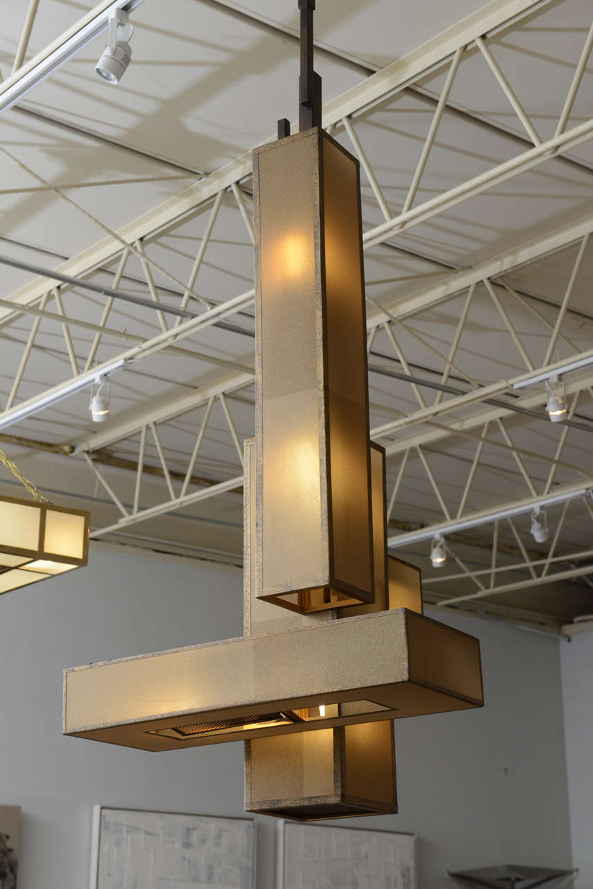 Large Italian Modern Patinated Brass and Glass Chandelier 2
