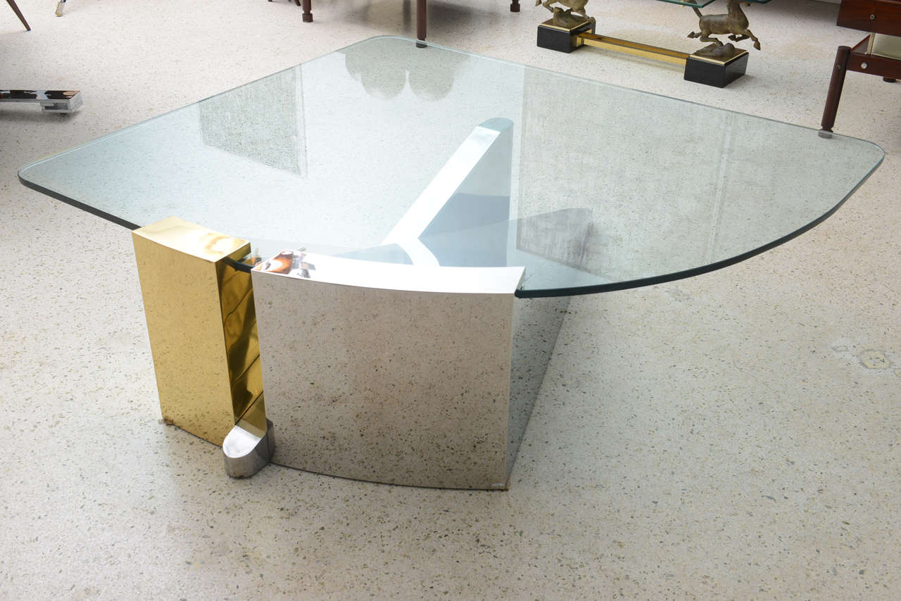 Large American Modern Polished Brass, Chrome and Stainless Low Table, Ron Seff In Excellent Condition For Sale In Hollywood, FL
