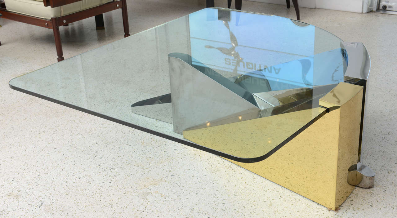 Late 20th Century Large American Modern Polished Brass, Chrome and Stainless Low Table, Ron Seff For Sale