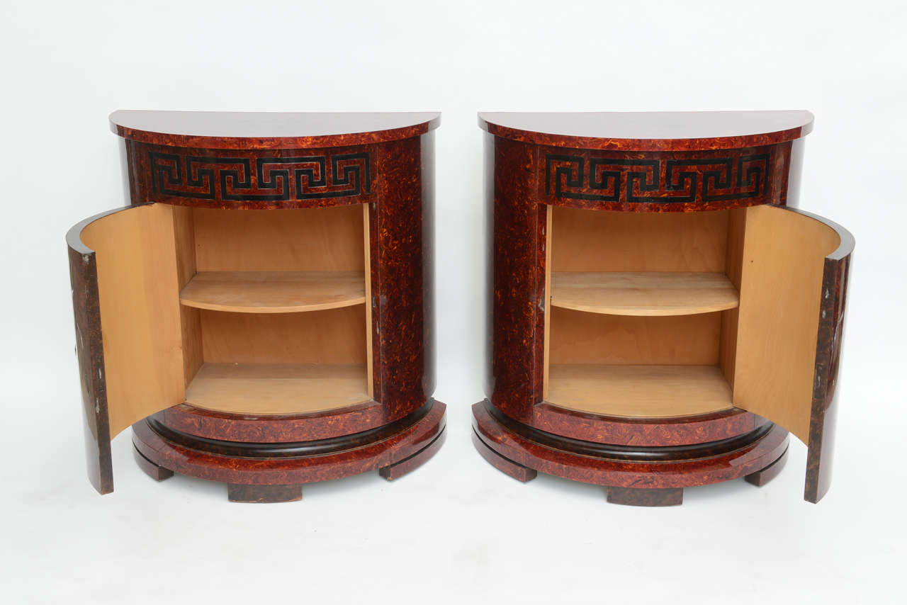 American Fine Pair of Faux Tortoise and Ebonized Demilune Cabinets, Samuel Marx For Sale