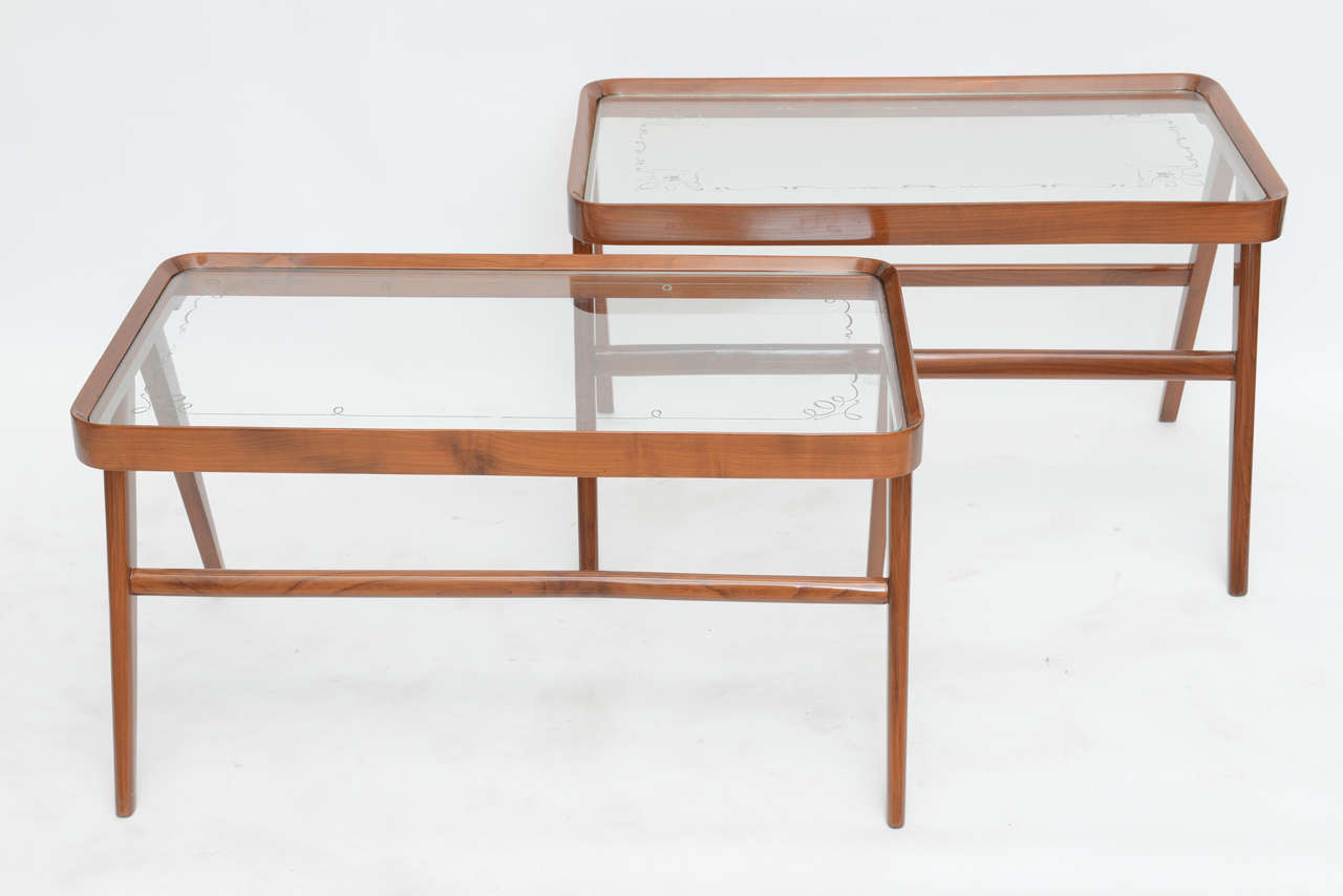 Companion Pair of Italian Modern Walnut & Glass Tables Attributed Carlo de Carli