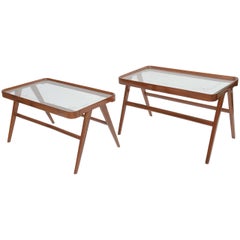 Companion Pair of Italian Modern Walnut & Glass Tables Attributed Carlo de Carli