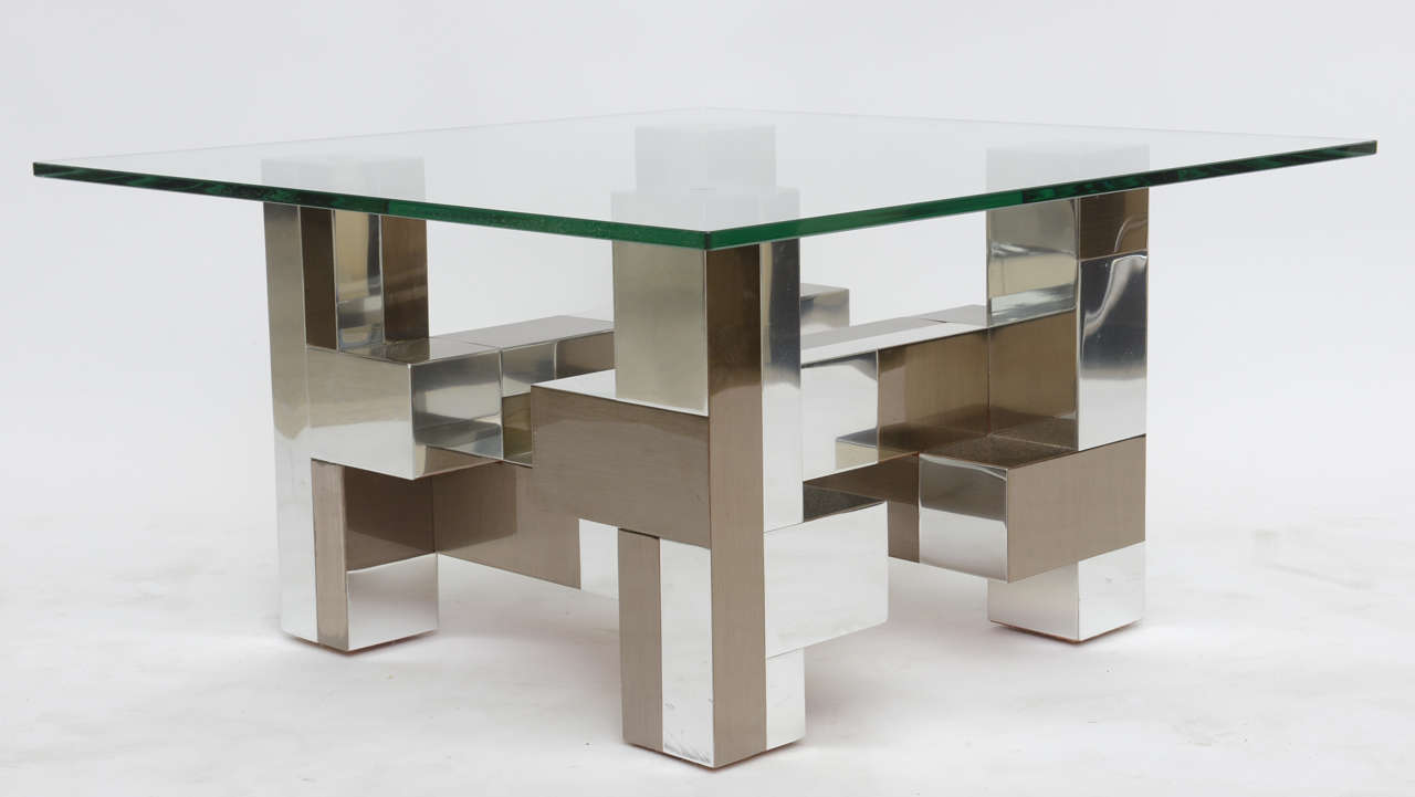 Glass American Modern Chrome and Pewter Cityscape Low Table, Paul Evans