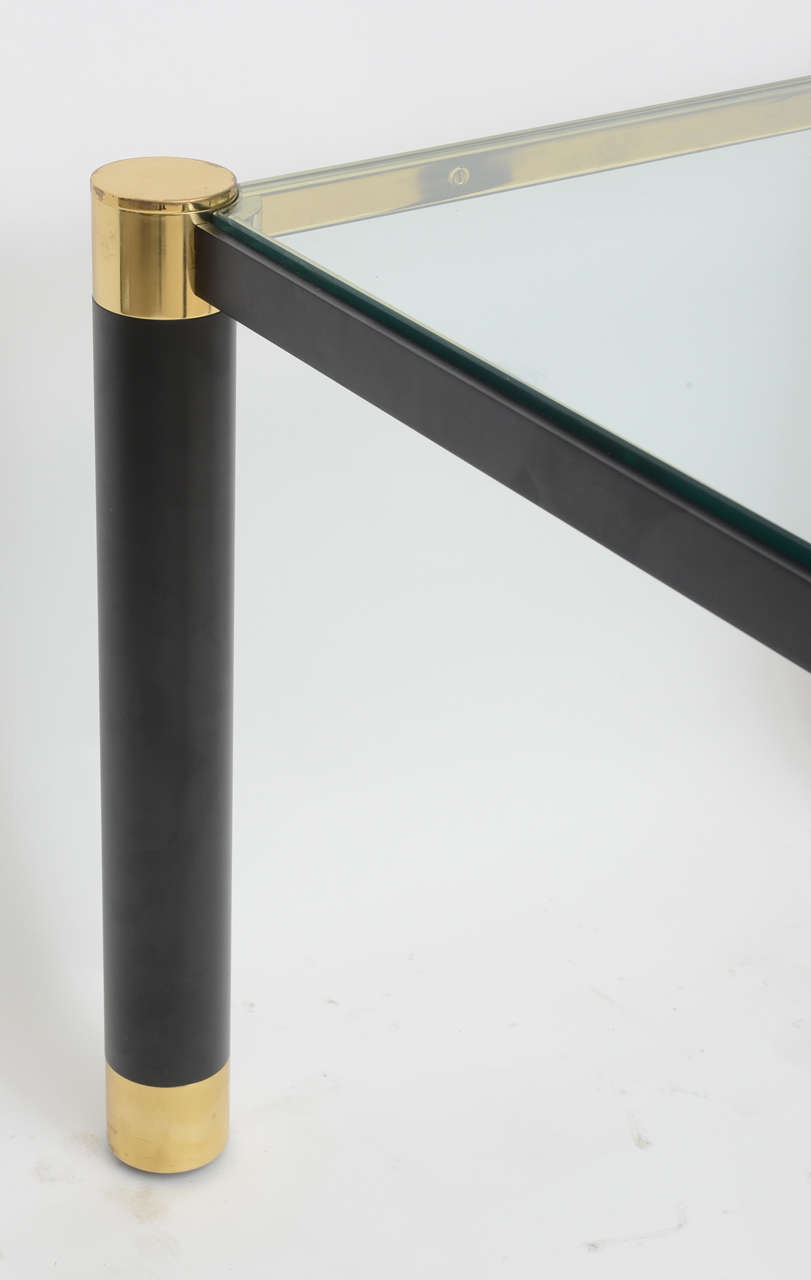 Mid-Century Modern Pair of American Modern Brass and Ebonized Glass Top Tables, Karl Springer For Sale