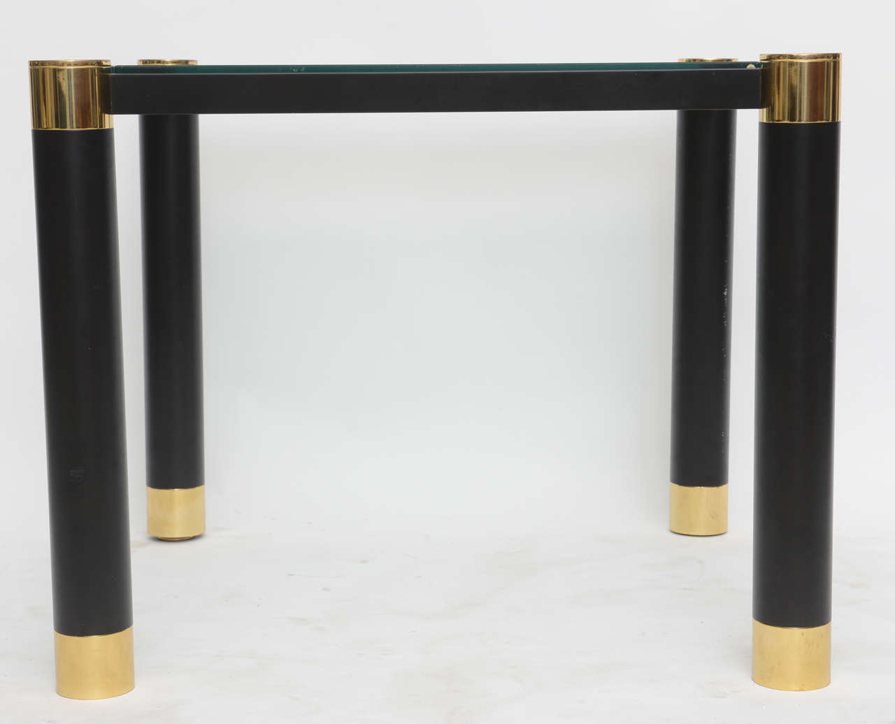 Metal Pair of American Modern Brass and Ebonized Glass Top Tables, Karl Springer For Sale