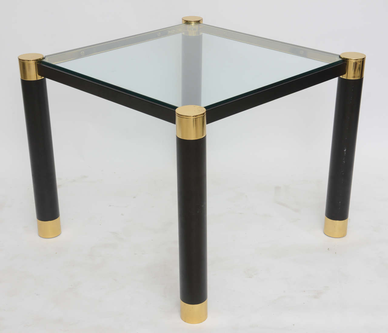 Pair of American Modern Brass and Ebonized Glass Top Tables, Karl Springer For Sale 1