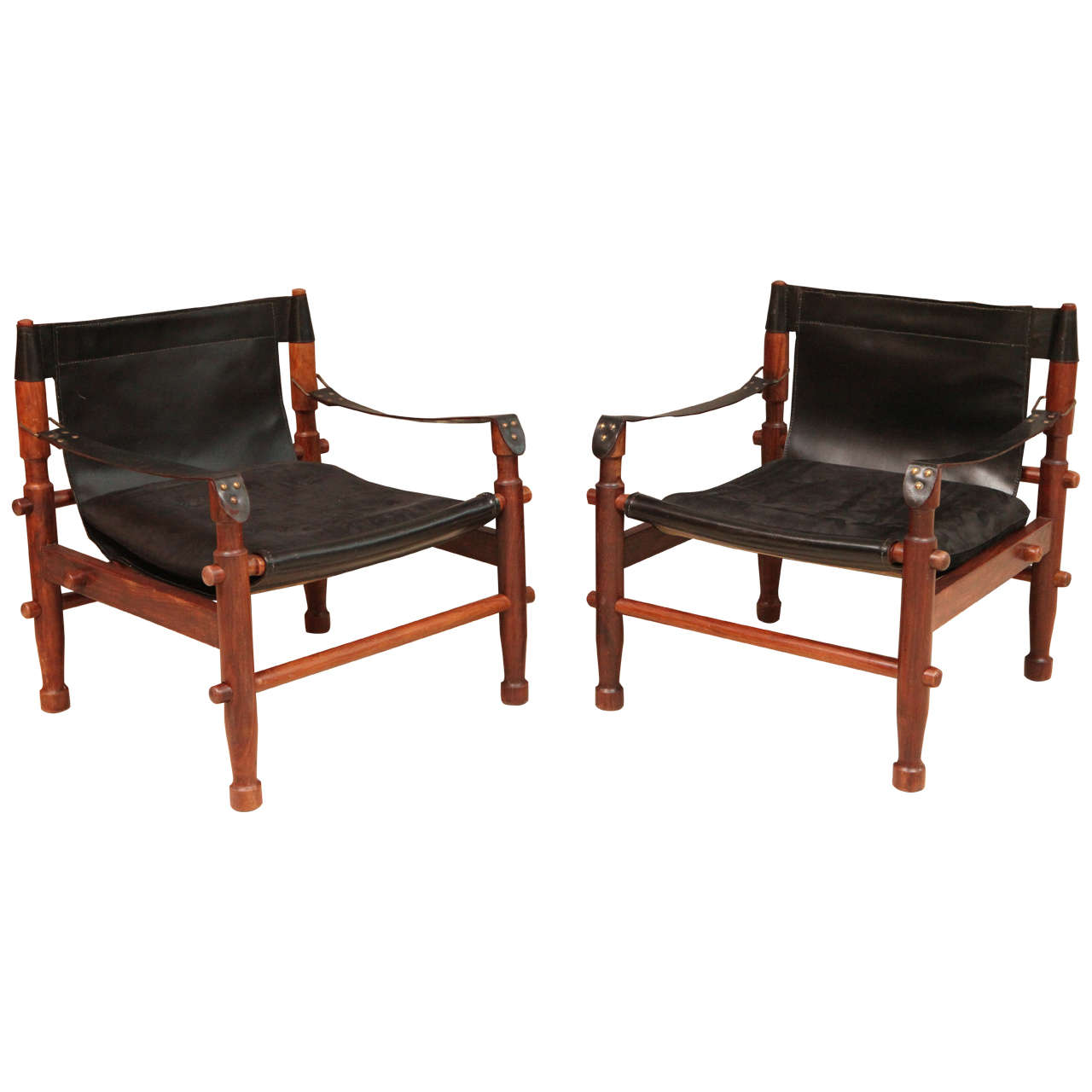 Pair of Black Leather and Rosewood Scandinavian Safari Chairs