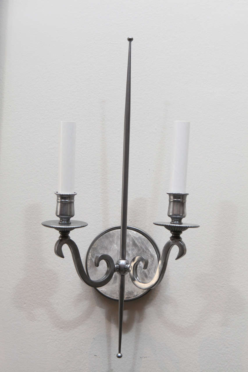 Modern pair of Parzinger style pewter and rock crystal sconces. These are new and are the remaining pair of this production (no longer being produced).