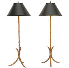 Gilt Metal Candlestick Lamps with Enameled Foil-Lined Shades