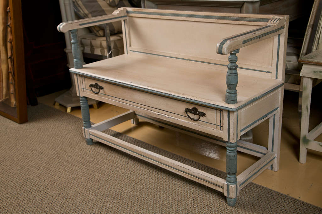 Painted antique white and blue in traditional Swedish manner.
Weed backs and seat with arms- Drawer in apron with brass handles.
Built in 1900 and refinished recently- Still original hardware
