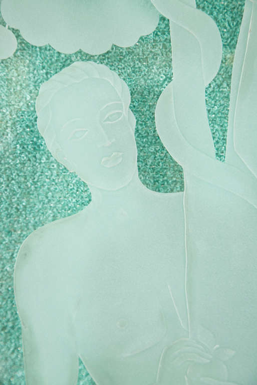 Art Deco Figural Etched Glass Panel Adam and Eve For Sale
