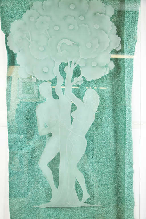 Figural Etched Glass Panel Adam and Eve For Sale 1
