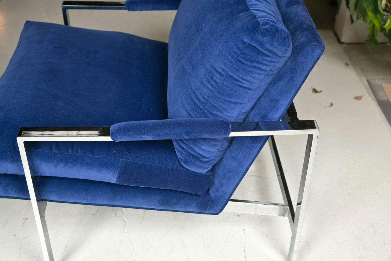 Pair of Milo Baughman Chrome With Velvet Upholstery Armchairs In Excellent Condition In Stamford, CT