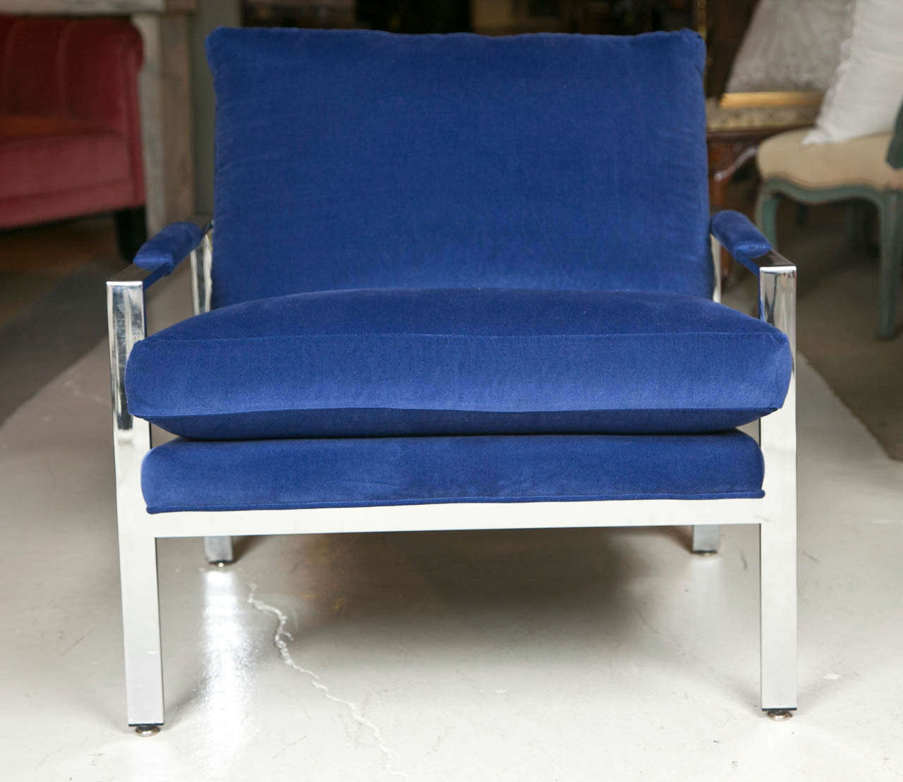 Pair of Milo Baughman chrome armchairs chairs for Thayer Coggin.  Newly upholstered in cotton velvet.