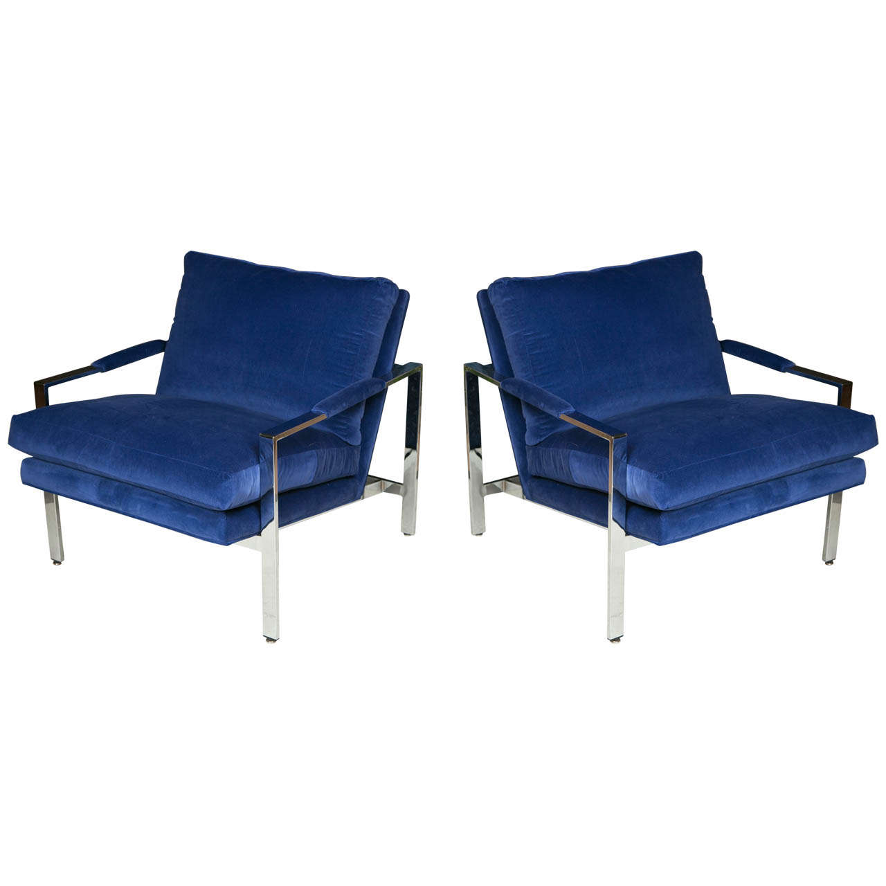Pair of Milo Baughman Chrome With Velvet Upholstery Armchairs