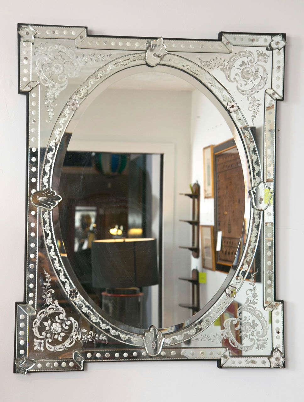 Mid- Century Italian Etched Glass Over Mantel Mirror

Small Crack on bottom left