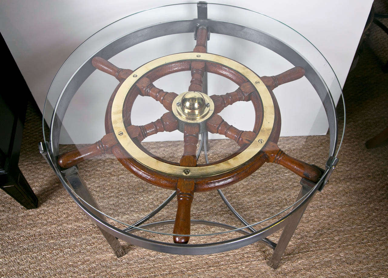 British Ships Wheel on Steel Stand