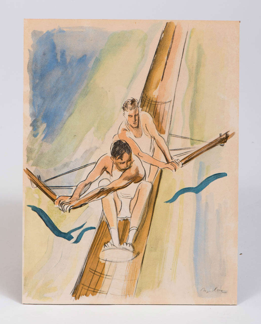 Milivoy Uzelac (1897-1950)
“Les Joies du Sport”, 1932
A group of seven watercolours/prints.
Charcoal, pencil, watercolour and gouache in pochoir technique print.
Limited edition of 750.
Framed.
Largest 33cms x 23cms.

Milivoy Uzelac was born