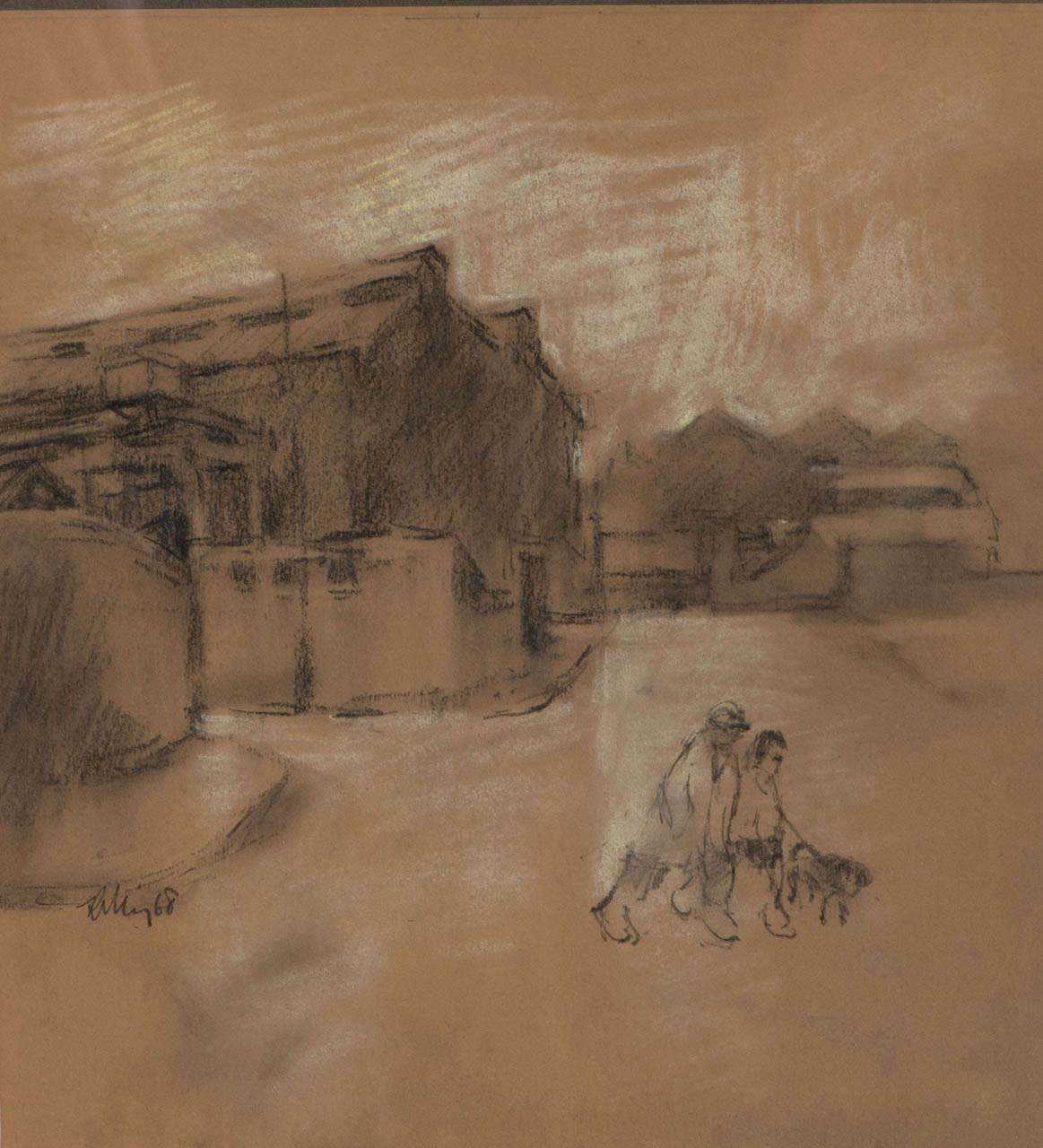 Mid-20th Century Harold Riley drawing of figures with a dog, England 1968 For Sale