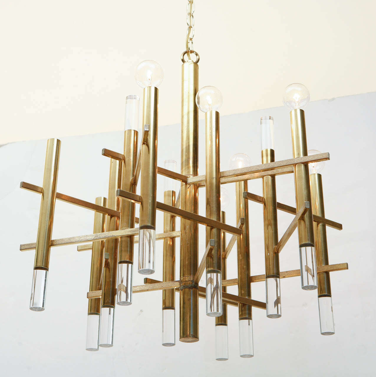 9 light brass and lucite prism chandelier in the style of Sciolari.