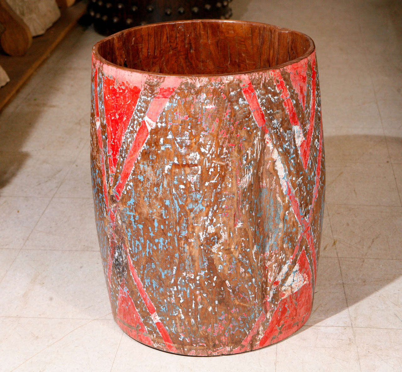 Antique drum vessel, original vibrant colors, red white and blue with geometric motifs, teak hardwood, rural Java, Early 1900s.