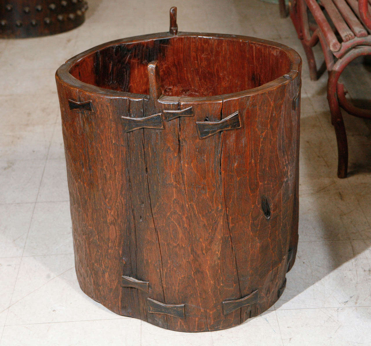 Antique Granary Vessel of Thick Hardwood In Excellent Condition In Culver City, CA