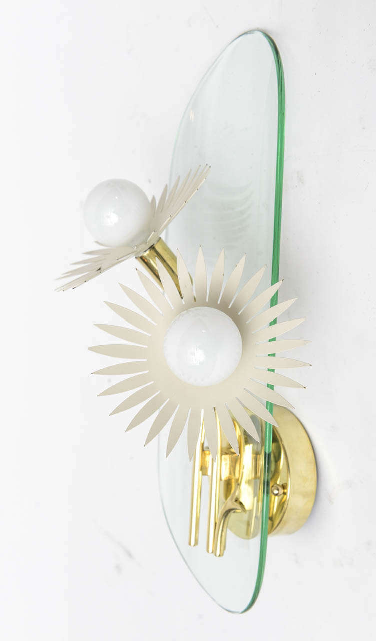 Metal Pair of Italian Brass and Glass Wall Sconces in the Manner of Pietro Chiesa