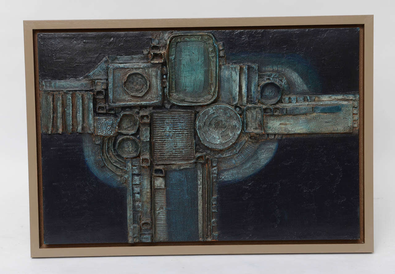 1971 signed and dated abstract composition by English artist Rowland Fade. Mixed media, plaster, and paint on board.