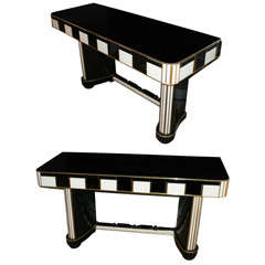 Pair of  console tables in black and beige opaline.
