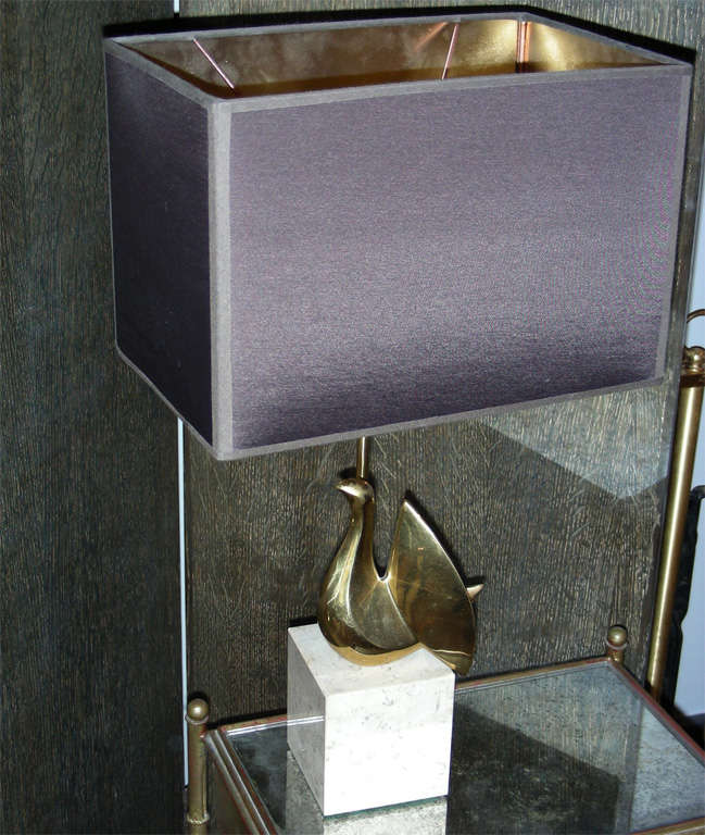 Small 1970s lamp by Philippe Jean, with a travertine base and a gilded bronze bird. New shade.