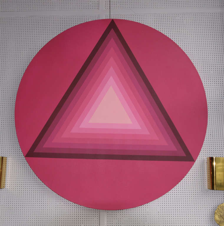 1970s painting in acrylic on canvas, in gradation of color of geometric patterns.