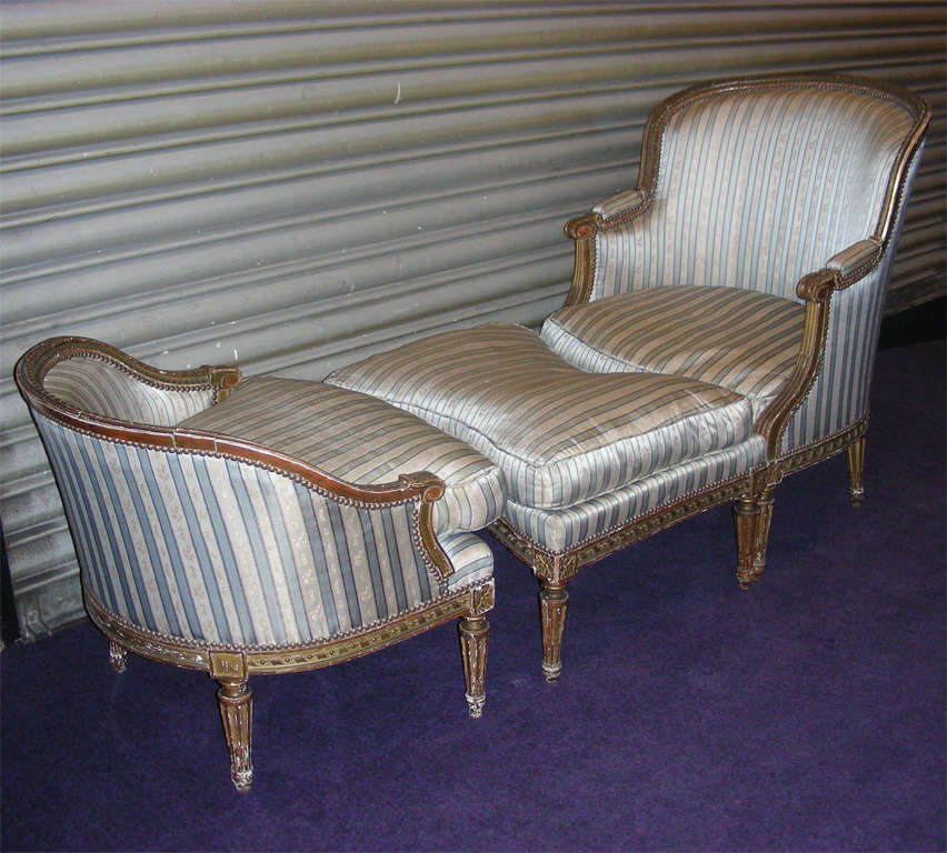 1920s louis XVI style duchesse brisée in three parts. Smaller armchair height 65/40 cm., length 69 cm., depth 70 cm.  Foot-rest height 45 cm., length 70 cm., depth 58 cm.