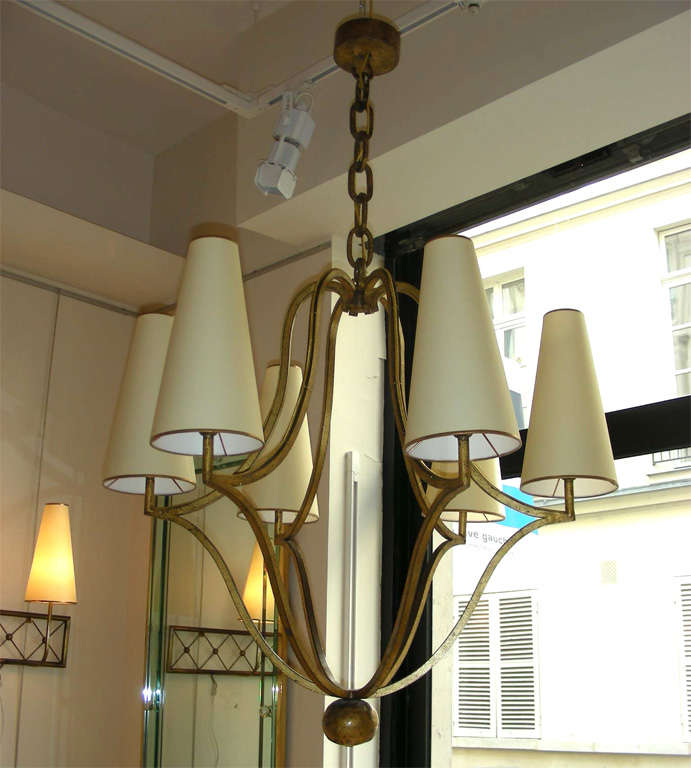 French JEAN ROYERE 6 lights chandelier in gold leaf wrought iron