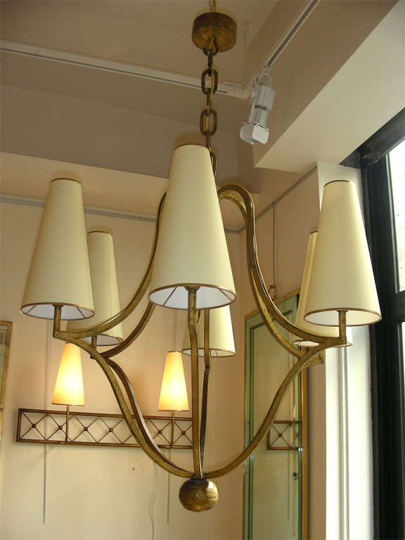 Mid-20th Century JEAN ROYERE 6 lights chandelier in gold leaf wrought iron