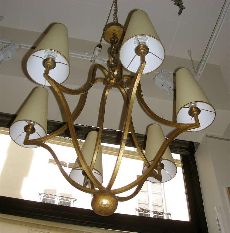 JEAN ROYERE 6 lights chandelier in gold leaf wrought iron 1