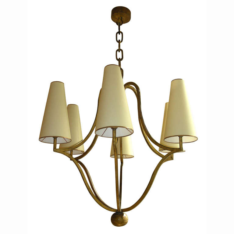 JEAN ROYERE 6 lights chandelier in gold leaf wrought iron