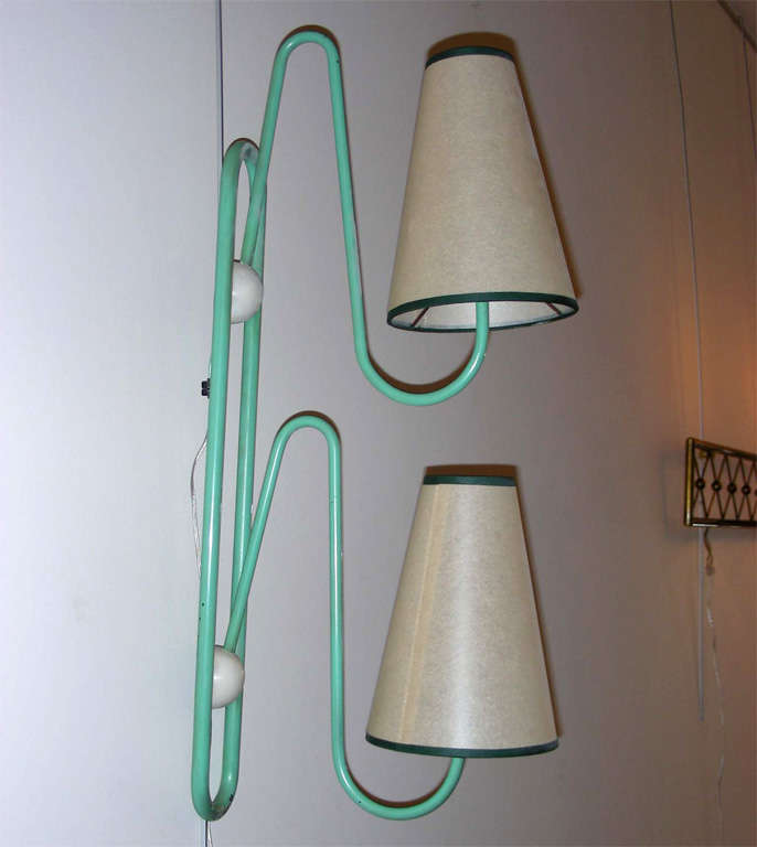 French JEAN ROYERE rare pale green coloured 2 lights pair of sconces