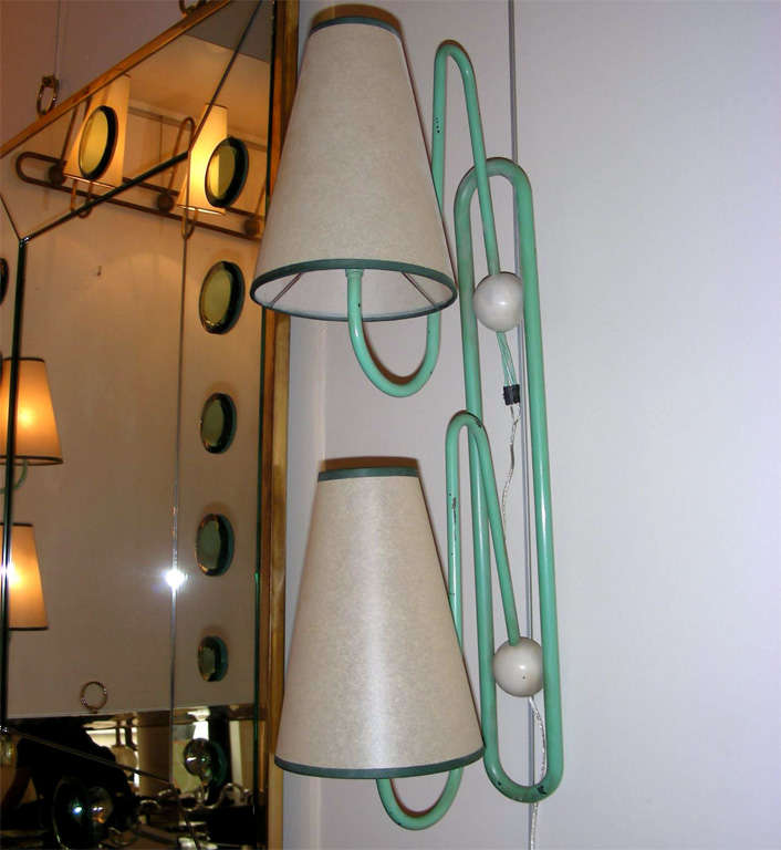 Metal JEAN ROYERE rare pale green coloured 2 lights pair of sconces