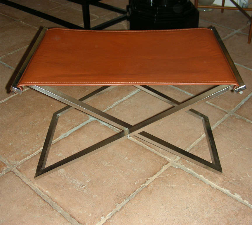 Pair of Folding Stools in Steel and Brown Leather