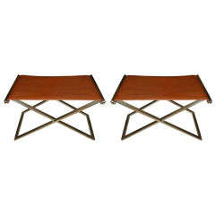 Pair of Folding Stools in Steel and Brown Leather