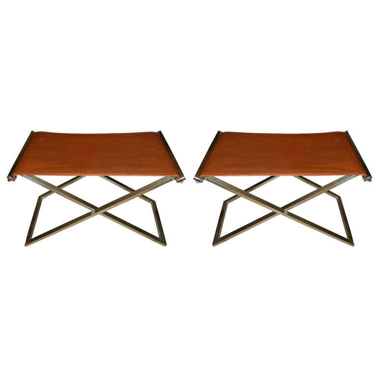 Pair of Folding Stools in Steel and Brown Leather For Sale at 1stDibs