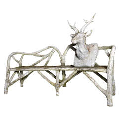 Antique Garden Set With Deer Head And Curved Bench In Cement