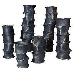 Set Of 6 Ceramic Vases Bamboos Shape Black Glaze