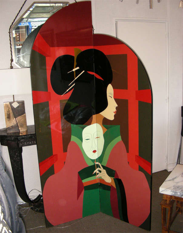 1980s Two-Panel Screen with a Geisha