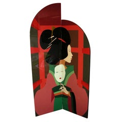 1980s Two-Panel Screen with a Geisha