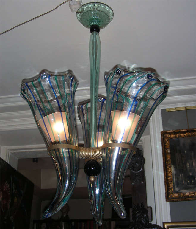 1960s Italian Murano glass chandelier by Venini, shaped like horns,  with the addition of blue murine glass.