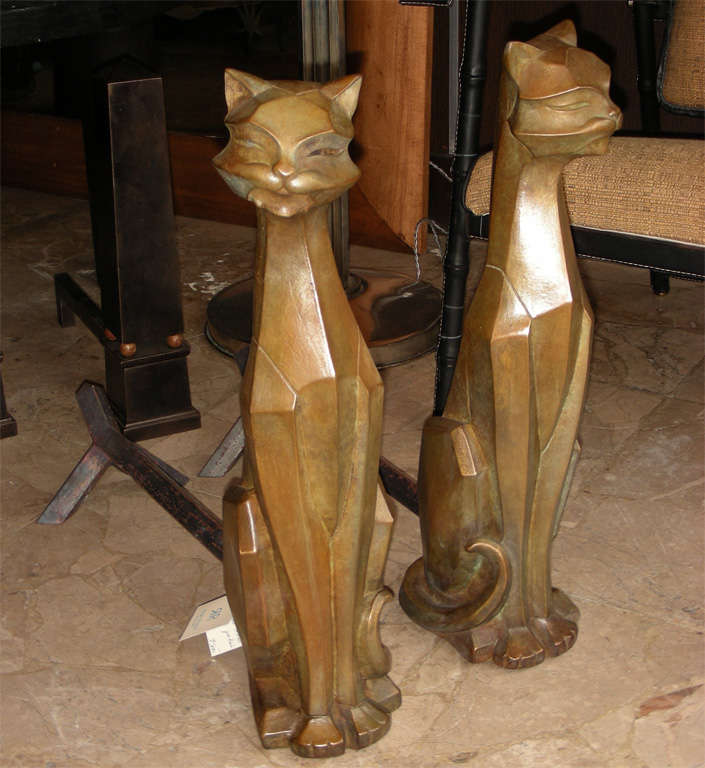 French Two 1945 Cat Andirons Signed J. L.