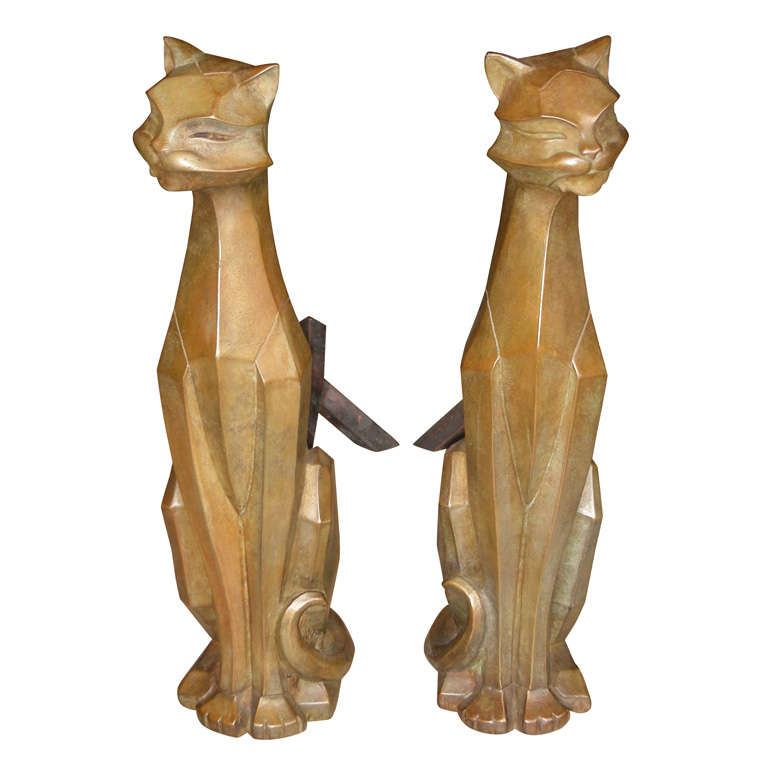 Two 1945 Cat Andirons Signed J. L.
