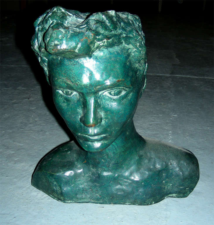 1930s patinated bronze bust by Abastonia Eberle, with monogram on the base, and stamp of the founder, Roman Bronze Works, in New York.